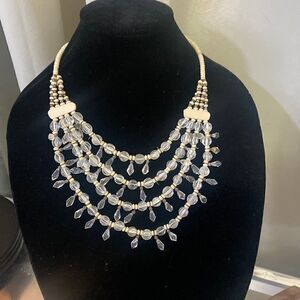 VTG Funky Chunky Statement Necklace - Clear Lucite, Gold Brass Metallic Colors